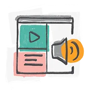 illustration of play button, speaker, and text