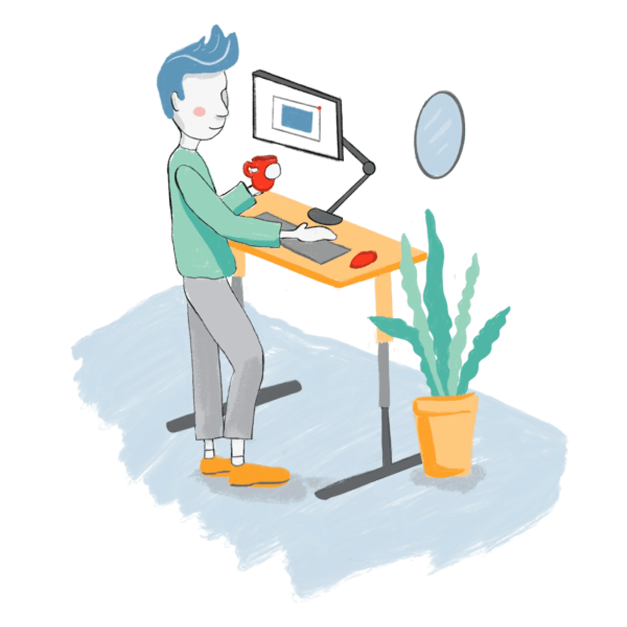 illustration of a person using a computer at a standing desk