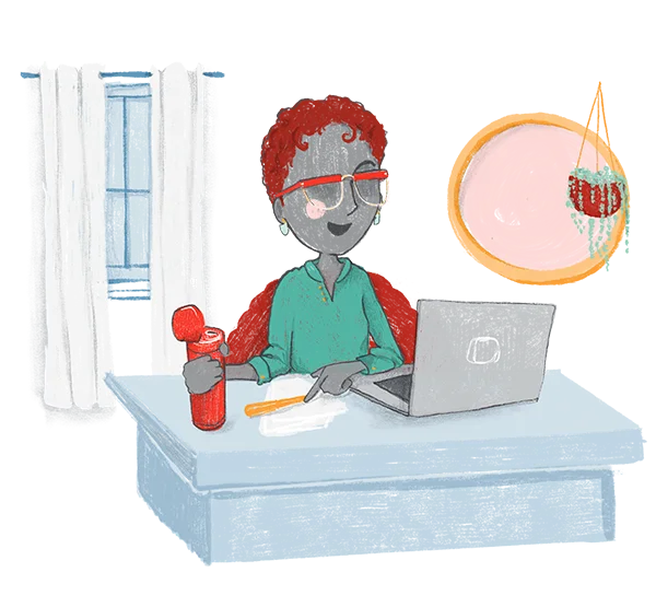 illustration of a woman seated with a laptop