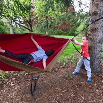 Nika Ball's sons play in the backyard hammock